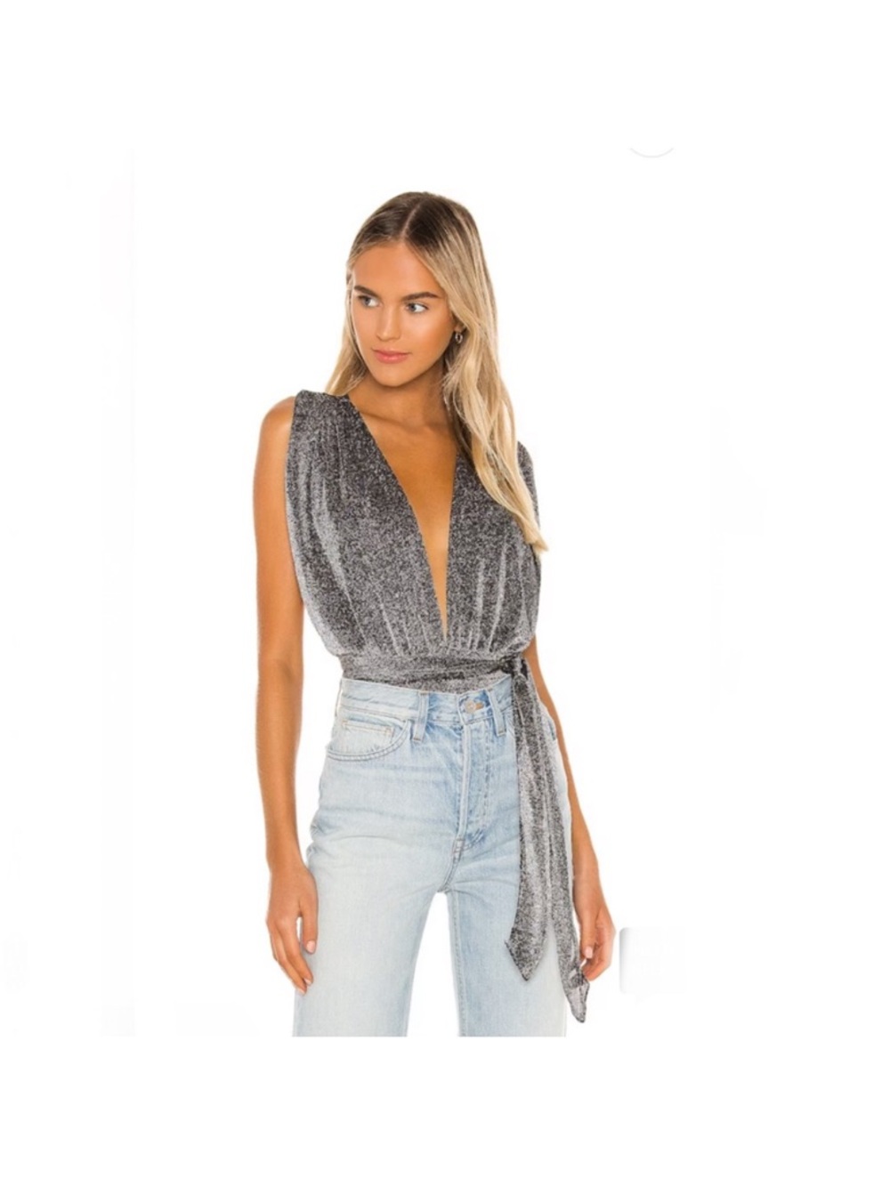 Superdown Silver Metallic Plunge One-Piece Bodysuit from Revolve